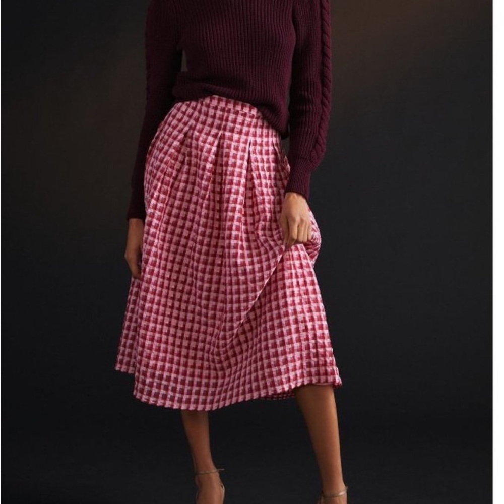 Anthropologie Eva Franco Textured Plaid  Pink Midi Skirt - Regular& Petite